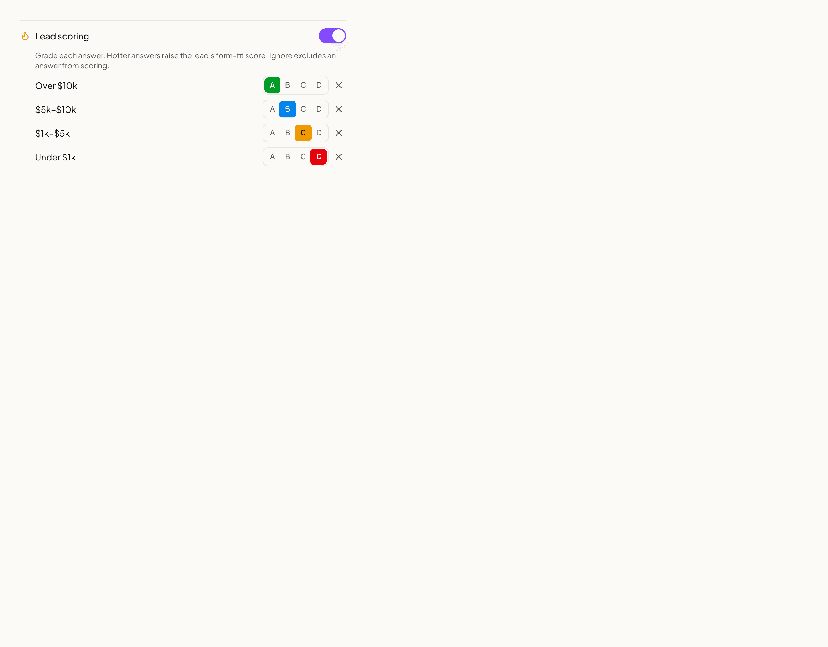 The booking-field editor showing answer options graded Hot, Warm, Cool and Cold for lead scoring.