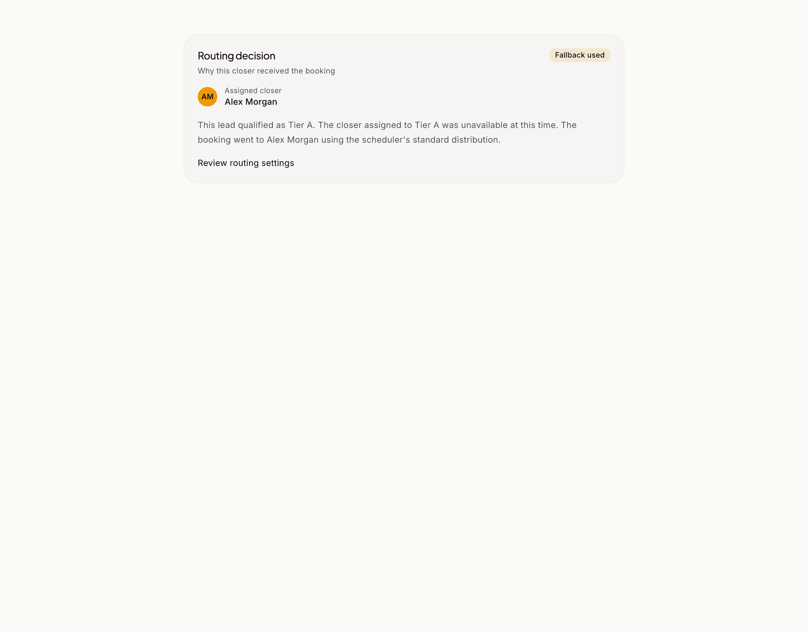 A completed booking's routing receipt showing that the A-tier closer was unavailable and Aura used the scheduler's standard full-team distribution.