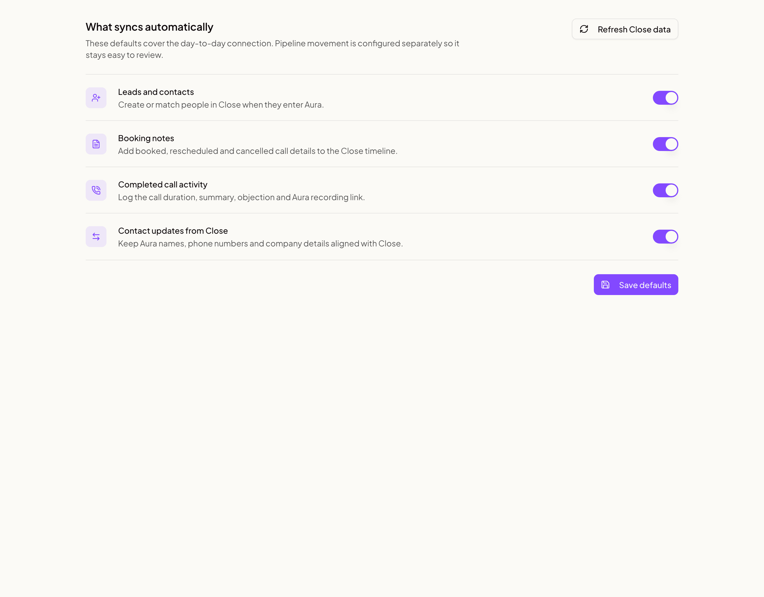 The Default sync tab with four focused integration controls