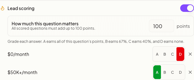 The booking-field editor showing answer options graded A, B, C and D for lead scoring.